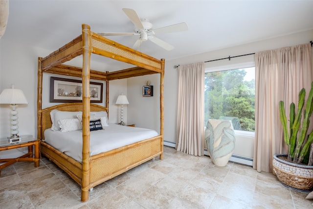 19 Cold Spring Ct, Southampton, NY 11968 - bedroom with a baseboard heating unit, light stone finish floors, and a ceiling fan