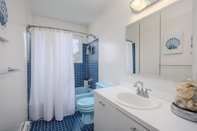 19 Cold Spring Ct, Southampton, NY 11968 - bathroom with vanity, shower / bathtub combination with curtain, tile patterned floors, and a baseboard radiator