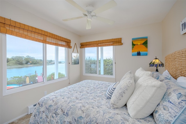 19 Cold Spring Ct, Southampton, NY 11968 - bedroom with multiple windows, baseboard heating, a water view, and a ceiling fan