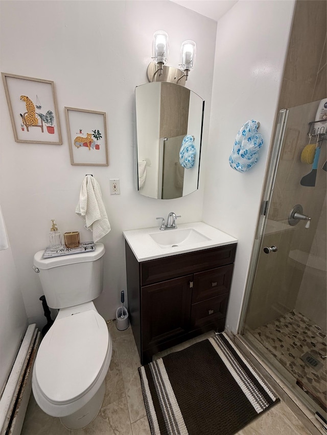 77 Upper Rd, Bloomingburg, NY 10940 - bathroom with vanity, toilet, a stall shower, and a baseboard radiator
