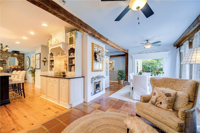 88 Prices Switch Rd, Warwick, NY 10990 - living area with ceiling fan, recessed lighting, baseboards, and a fireplace