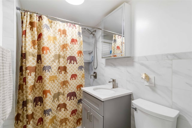 114-18 175th St, Addisleigh Park, NY 11434 - full bathroom with tile walls, vanity, toilet, and a shower with curtain