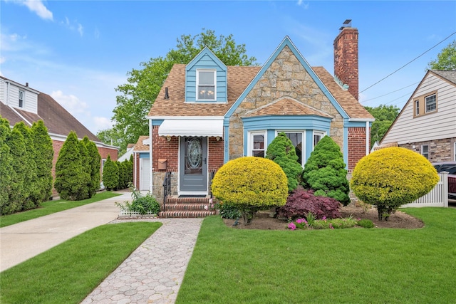 590 Langley Ave, West Hempstead, NY 11552 - tudor home with a front lawn, stone siding, a chimney, and a shingled roof