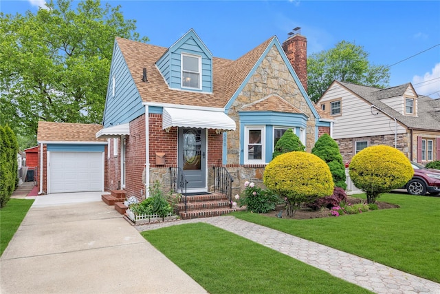 590 Langley Ave, West Hempstead, NY 11552 - view of front of house with stone siding, a front lawn, concrete driveway, and a chimney
