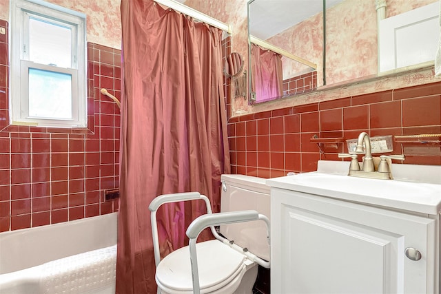 85-82 66th Rd, Rego Park, NY 11374 - full bath featuring toilet, tile walls, vanity, shower / tub combo with curtain, and wallpapered walls