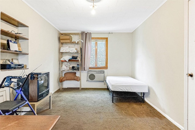 85-82 66th Rd, Rego Park, NY 11374 - carpeted bedroom with crown molding, an AC wall unit, and baseboards