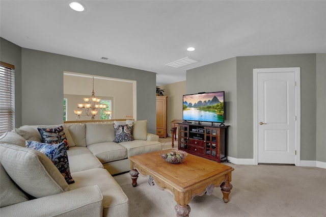 30 Toni Ct Unit 30, Center Moriches, NY 11934 - living area featuring a chandelier, baseboards, light carpet, and recessed lighting