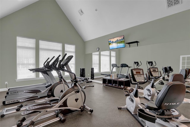 30 Toni Ct Unit 30, Center Moriches, NY 11934 - exercise room with high vaulted ceiling and baseboards