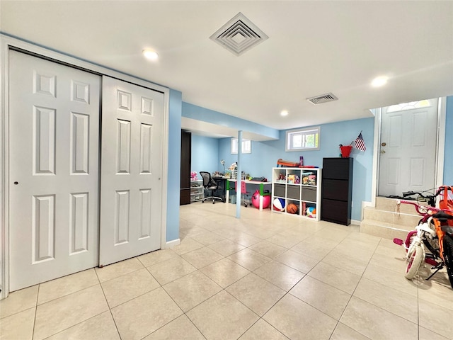 20426 45th Dr, Bayside, NY 11361 - below grade area featuring light tile patterned floors, recessed lighting, and baseboards