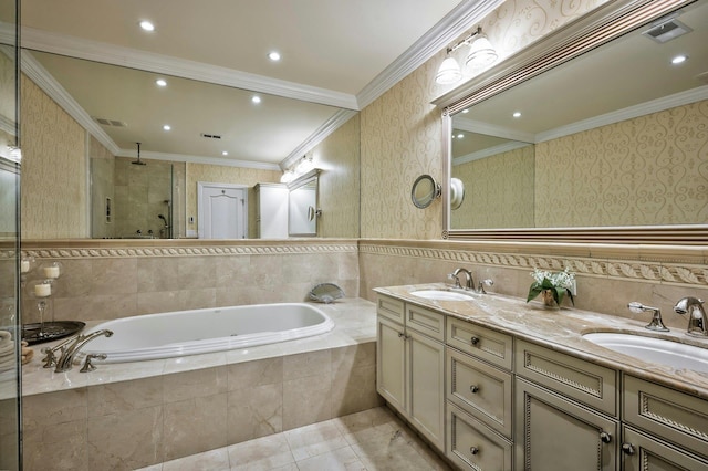 21 Hathaway Ln, Manhasset, NY 11030 - bathroom with a garden tub, double vanity, a shower stall, crown molding, and recessed lighting