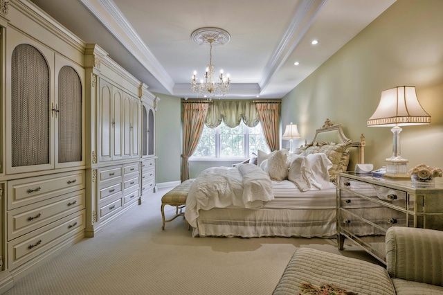 21 Hathaway Ln, Manhasset, NY 11030 - carpeted bedroom with a chandelier, crown molding, a tray ceiling, recessed lighting, and baseboards
