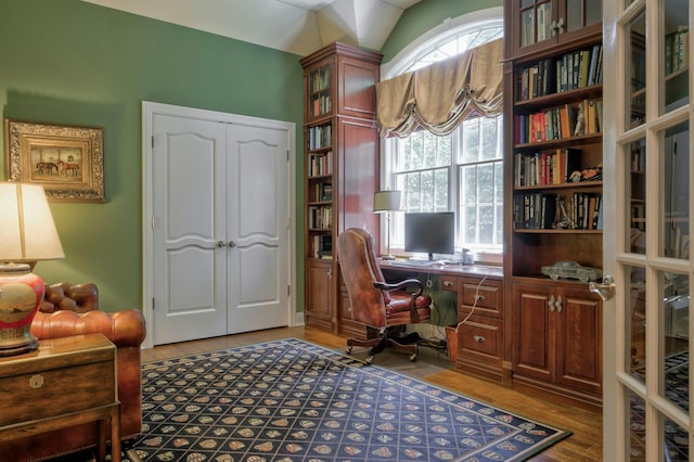 21 Hathaway Ln, Manhasset, NY 11030 - home office with wood finished floors and vaulted ceiling