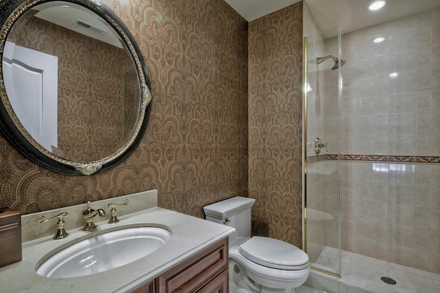 21 Hathaway Ln, Manhasset, NY 11030 - bathroom with wallpapered walls, toilet, a tile shower, and vanity
