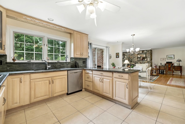 3 David Rd, Somers, NY 10589 - kitchen with stainless steel dishwasher, light brown cabinetry, tasteful backsplash, light tile patterned flooring, and ornamental molding