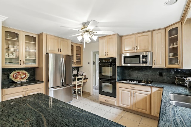 3 David Rd, Somers, NY 10589 - kitchen with black appliances, light brown cabinetry, light tile patterned floors, and backsplash