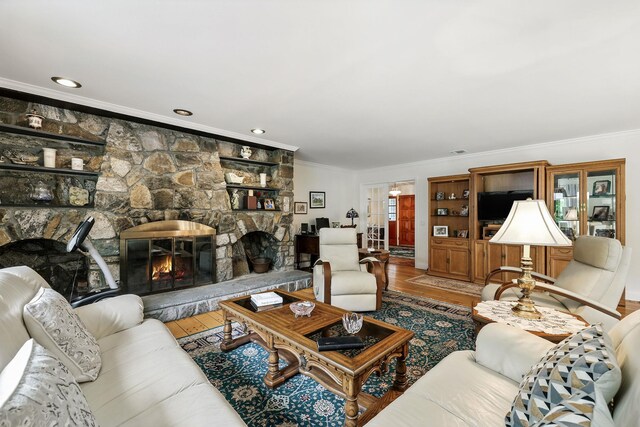 3 David Rd, Somers, NY 10589 - living area featuring a fireplace, crown molding, wood finished floors, and recessed lighting