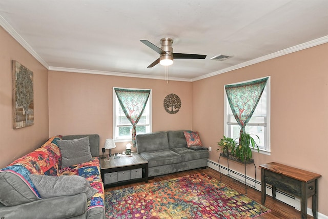 2 Anvil Ln, Levittown, NY 11756 - living area with wood finished floors, a ceiling fan, crown molding, a baseboard heating unit, and baseboards