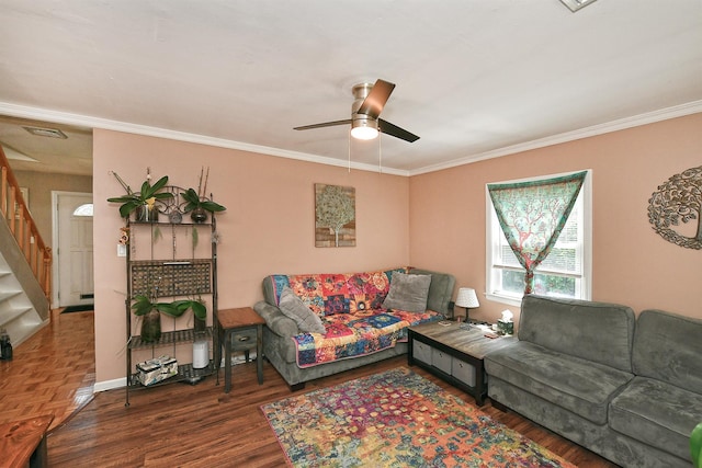 2 Anvil Ln, Levittown, NY 11756 - living area with stairway, wood finished floors, ceiling fan, ornamental molding, and baseboards
