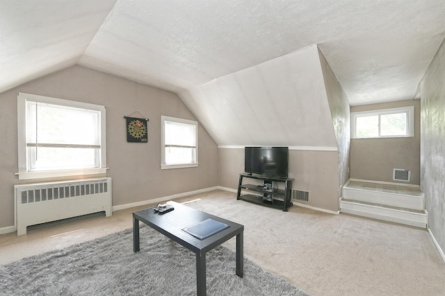 2 Anvil Ln, Levittown, NY 11756 - living room featuring radiator, vaulted ceiling, healthy amount of natural light, carpet flooring, and baseboards
