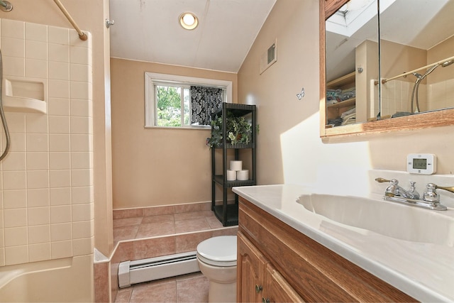 2 Anvil Ln, Levittown, NY 11756 - bathroom with a baseboard radiator, vanity, toilet, tile patterned floors, and bathtub / shower combination