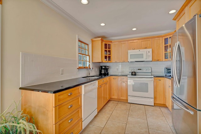 43 Sound Rd, Greenport, NY 11944 - kitchen with white appliances, ornamental molding, decorative backsplash, dark countertops, and glass insert cabinets
