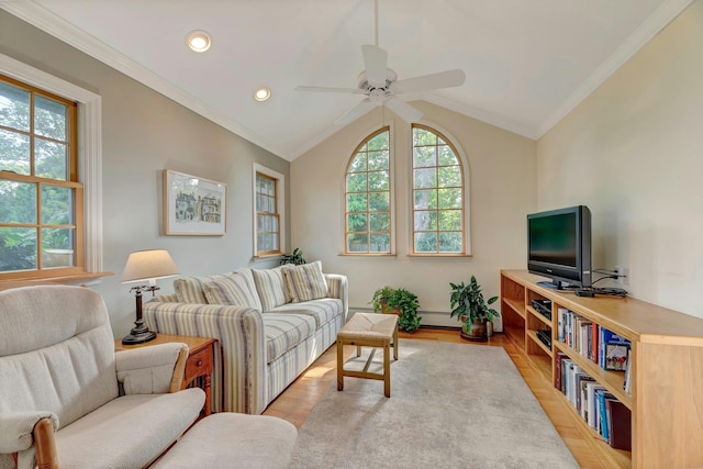 43 Sound Rd, Greenport, NY 11944 - living area featuring healthy amount of natural light, crown molding, a ceiling fan, lofted ceiling, and recessed lighting