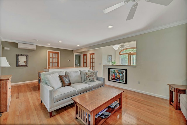 43 Sound Rd, Greenport, NY 11944 - living room with ceiling fan, a wall unit AC, ornamental molding, light wood-type flooring, and recessed lighting