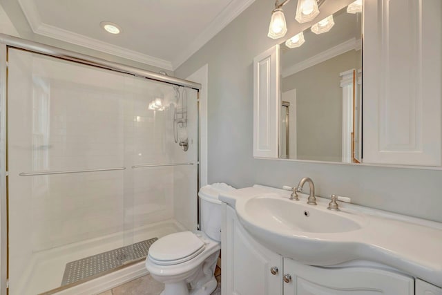43 Sound Rd, Greenport, NY 11944 - bathroom featuring ornamental molding, a stall shower, and vanity