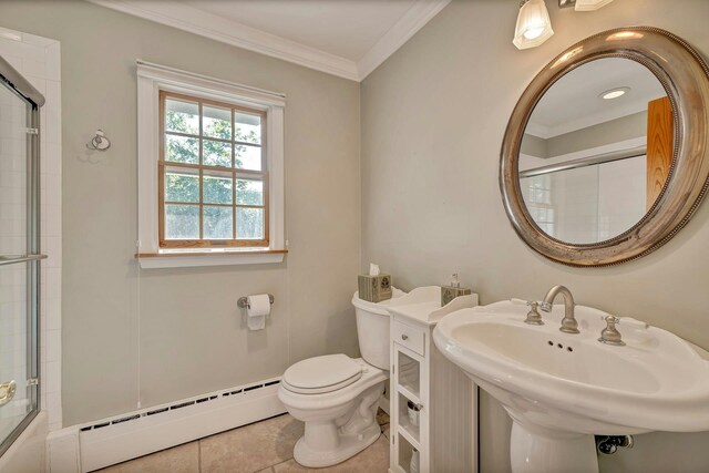 43 Sound Rd, Greenport, NY 11944 - full bath featuring a baseboard heating unit, ornamental molding, and tile patterned floors