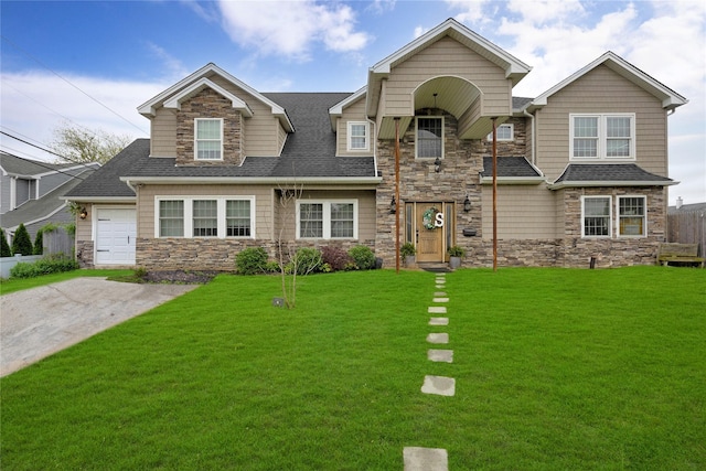 1582 Little Neck Ave, North Bellmore, NY 11710 - view of front of home with stone siding, a front lawn, roof with shingles, and a garage