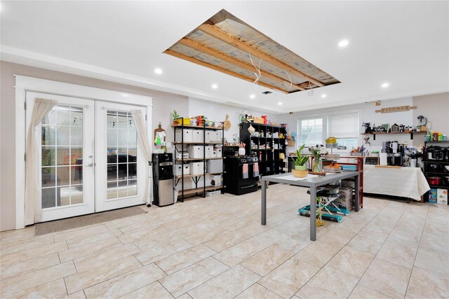 1582 Little Neck Ave, North Bellmore, NY 11710 - living area featuring a raised ceiling, french doors, and recessed lighting