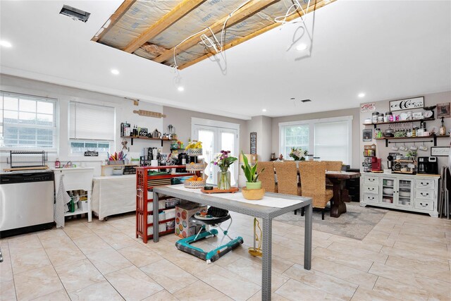 1582 Little Neck Ave, North Bellmore, NY 11710 - kitchen with open shelves, stainless steel dishwasher, recessed lighting, and light tile patterned flooring