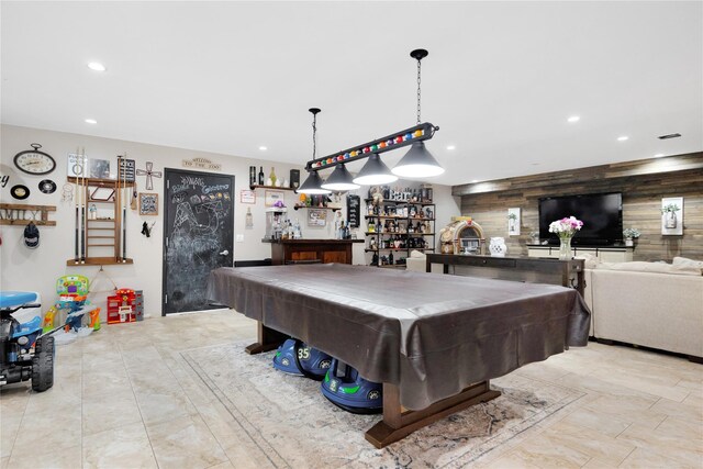 1582 Little Neck Ave, North Bellmore, NY 11710 - game room featuring recessed lighting, pool table, wood walls, and bar area