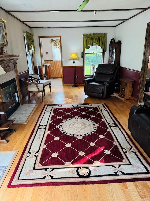 8 Hom St, Chester, NY 10918 - living area with wood finished floors, a wainscoted wall, and a tile fireplace