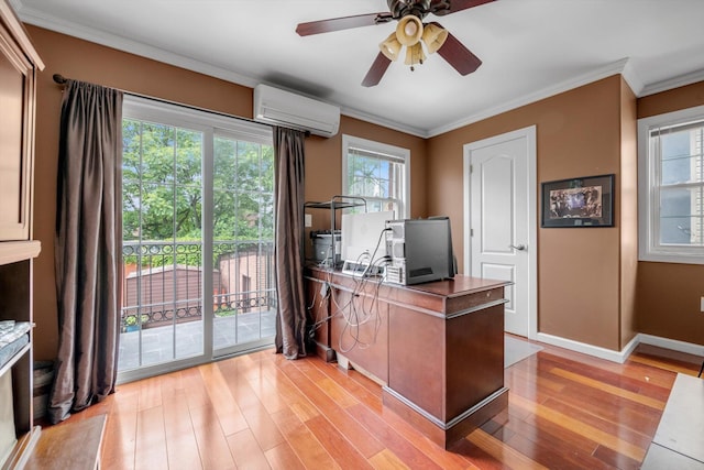 90 Milford St, Brooklyn, NY 11208 - office with a wall mounted AC, light wood-style flooring, a ceiling fan, crown molding, and baseboards