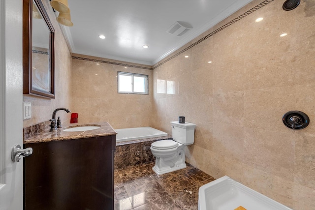 90 Milford St, Brooklyn, NY 11208 - full bathroom featuring ornamental molding, tile walls, marble finish flooring, toilet, and tiled bath
