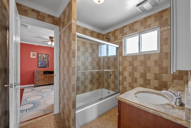 90 Milford St, Brooklyn, NY 11208 - bathroom featuring crown molding, combined bath / shower with glass door, vanity, a ceiling fan, and tile patterned floors