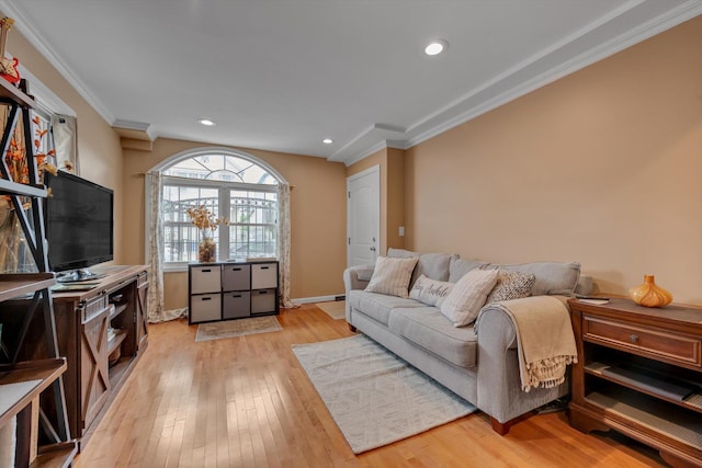 90 Milford St, Brooklyn, NY 11208 - living room featuring light wood-style flooring, crown molding, recessed lighting, and baseboards