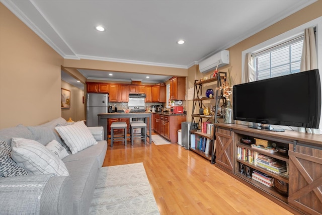 90 Milford St, Brooklyn, NY 11208 - living room with a wall mounted air conditioner, crown molding, light wood finished floors, and recessed lighting
