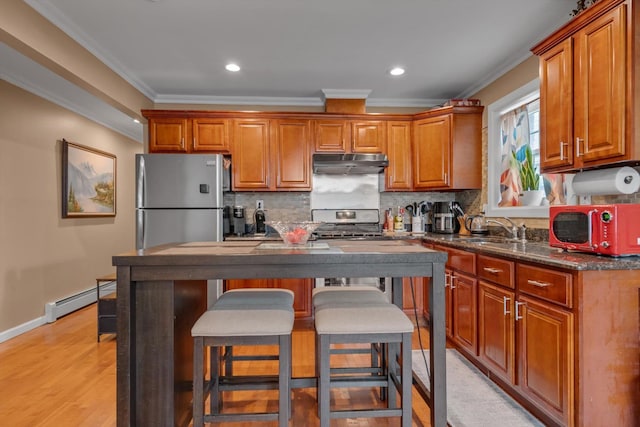 90 Milford St, Brooklyn, NY 11208 - kitchen with under cabinet range hood, a baseboard radiator, freestanding refrigerator, crown molding, and a sink