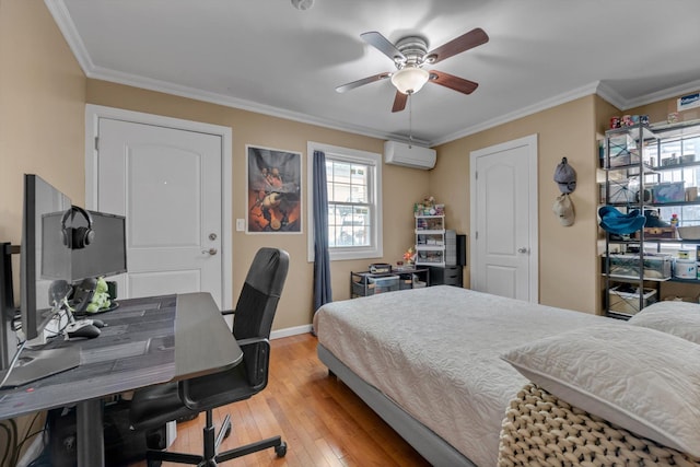90 Milford St, Brooklyn, NY 11208 - bedroom featuring a wall mounted AC, light wood-style floors, a desk, baseboards, and crown molding