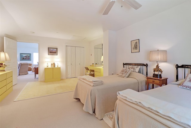 144 Burr Farms Rd, Mount Kisco, NY 10549 - bedroom featuring a closet, light carpet, ceiling fan, and ensuite bathroom
