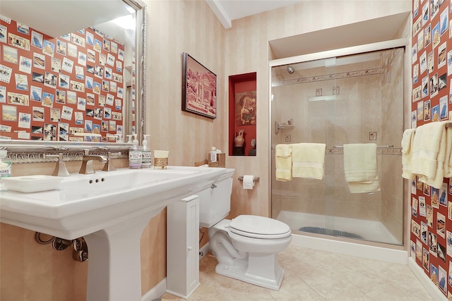 144 Burr Farms Rd, Mount Kisco, NY 10549 - bathroom featuring wallpapered walls, toilet, a stall shower, and tile patterned flooring