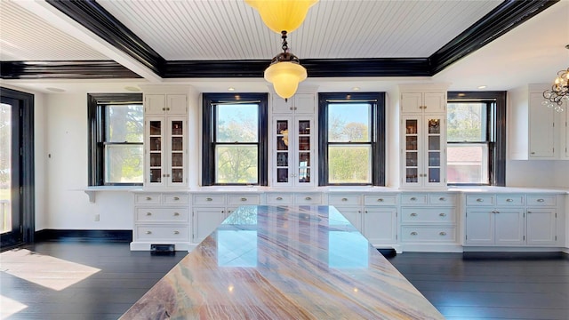 150 Senix Ave, Center Moriches, NY 11934 - dining area featuring crown molding, dark wood-style flooring, plenty of natural light, and a chandelier