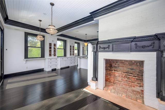 150 Senix Ave, Center Moriches, NY 11934 - unfurnished living room featuring dark wood-style floors and crown molding