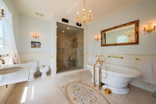 150 Senix Ave, Center Moriches, NY 11934 - bathroom with a chandelier, a wainscoted wall, a stall shower, a bidet, and healthy amount of natural light
