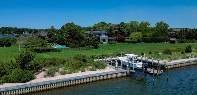 150 Senix Ave, Center Moriches, NY 11934 - dock area featuring a water view, a yard, and boat lift