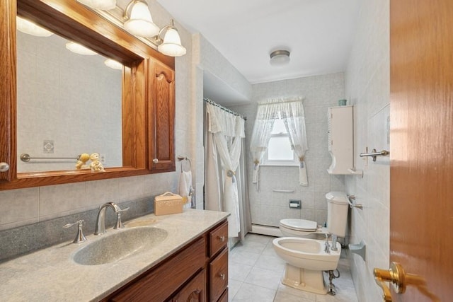 473 S 15th St, Lindenhurst, NY 11757 - bathroom featuring tile patterned flooring, a bidet, vanity, baseboard heating, and curtained shower
