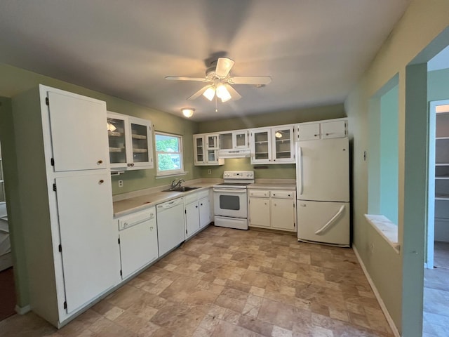 9 Forge Ln, Coram, NY 11727 - kitchen with white appliances, under cabinet range hood, stone finish floors, a sink, and a ceiling fan