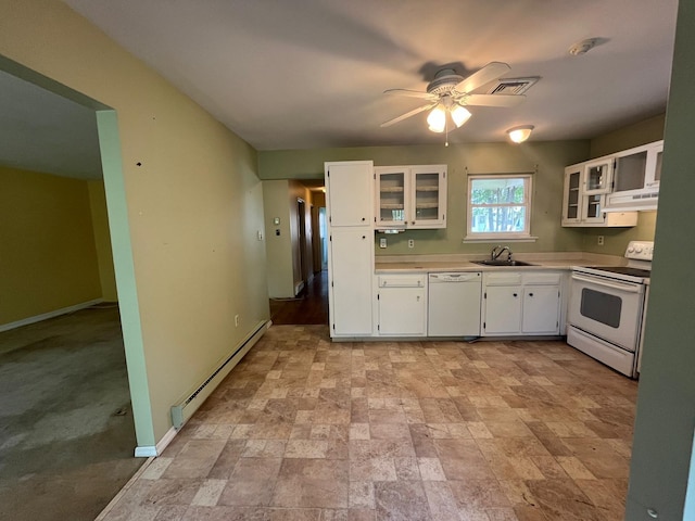 9 Forge Ln, Coram, NY 11727 - kitchen featuring white appliances, a sink, under cabinet range hood, a baseboard heating unit, and a ceiling fan